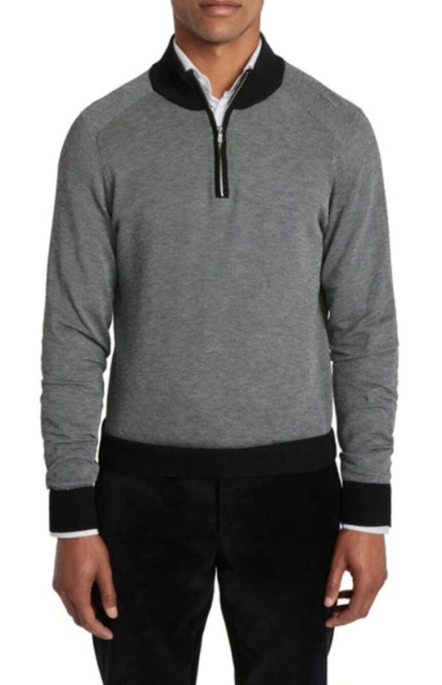 JACK VICTOR Men's Valois 1/4 Zip Sweater Large Black Pullover Cotton Silk NWT